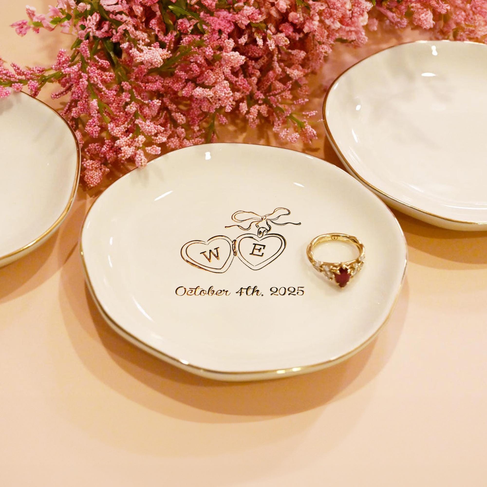 Personalized Locket Wedding Ring Dish, Custom Initial Gold Ring Dish, Engagement Gift, Wedding Gifts for Couple