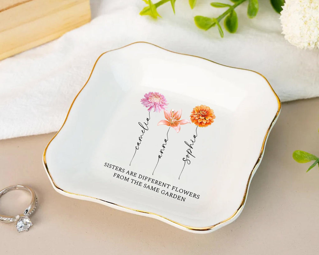 Personalized Sister Birth Flower Jewelry Dish