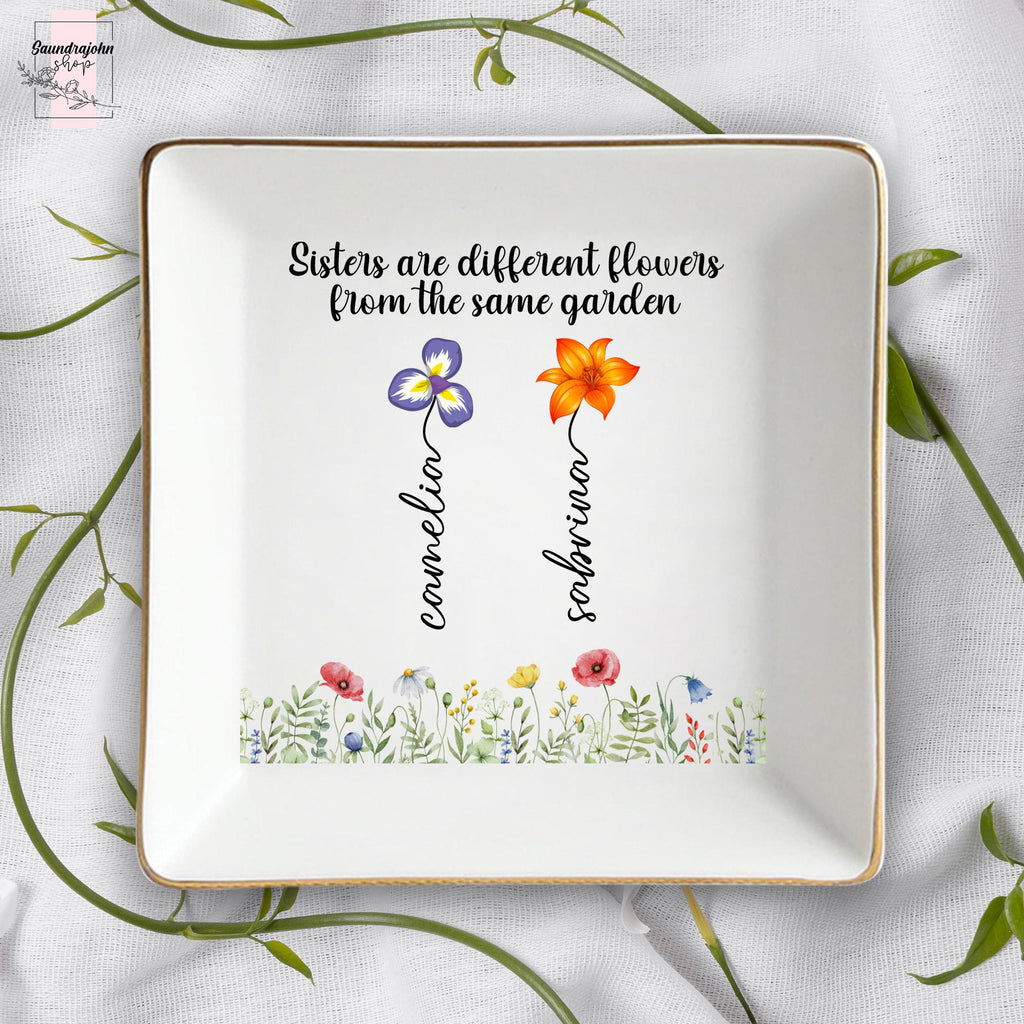 Personalized Sister Ring Dish with Birth Flower