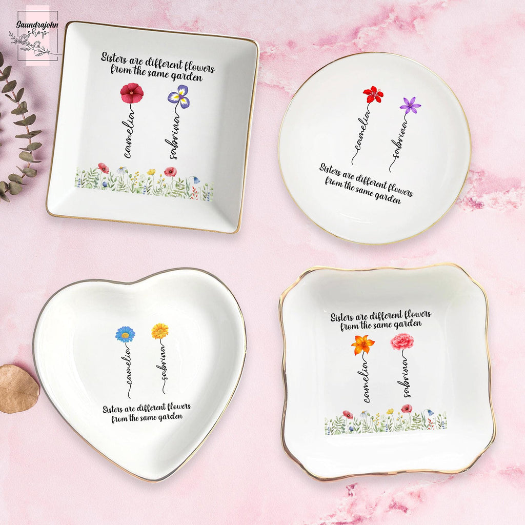 Personalized Sister Ring Dish with Birth Flower