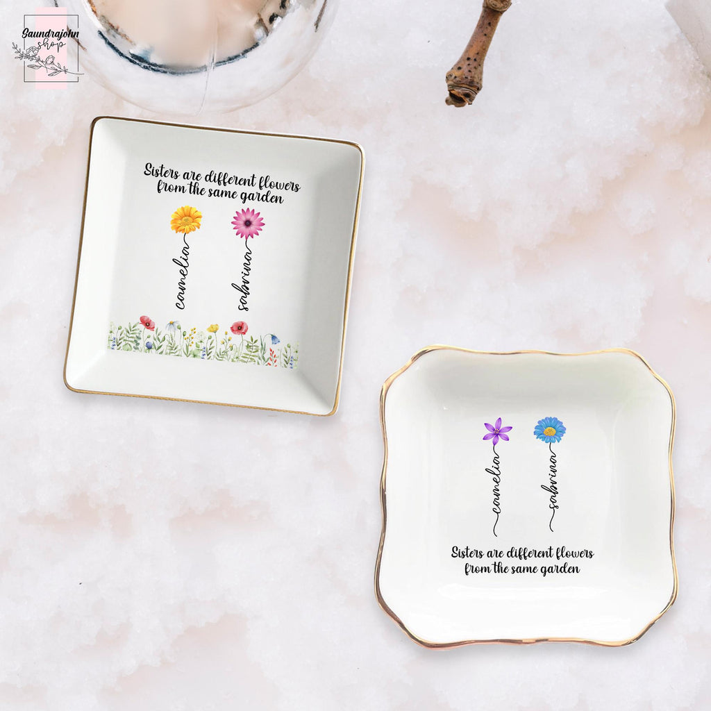 Personalized Sister Ring Dish with Birth Flower