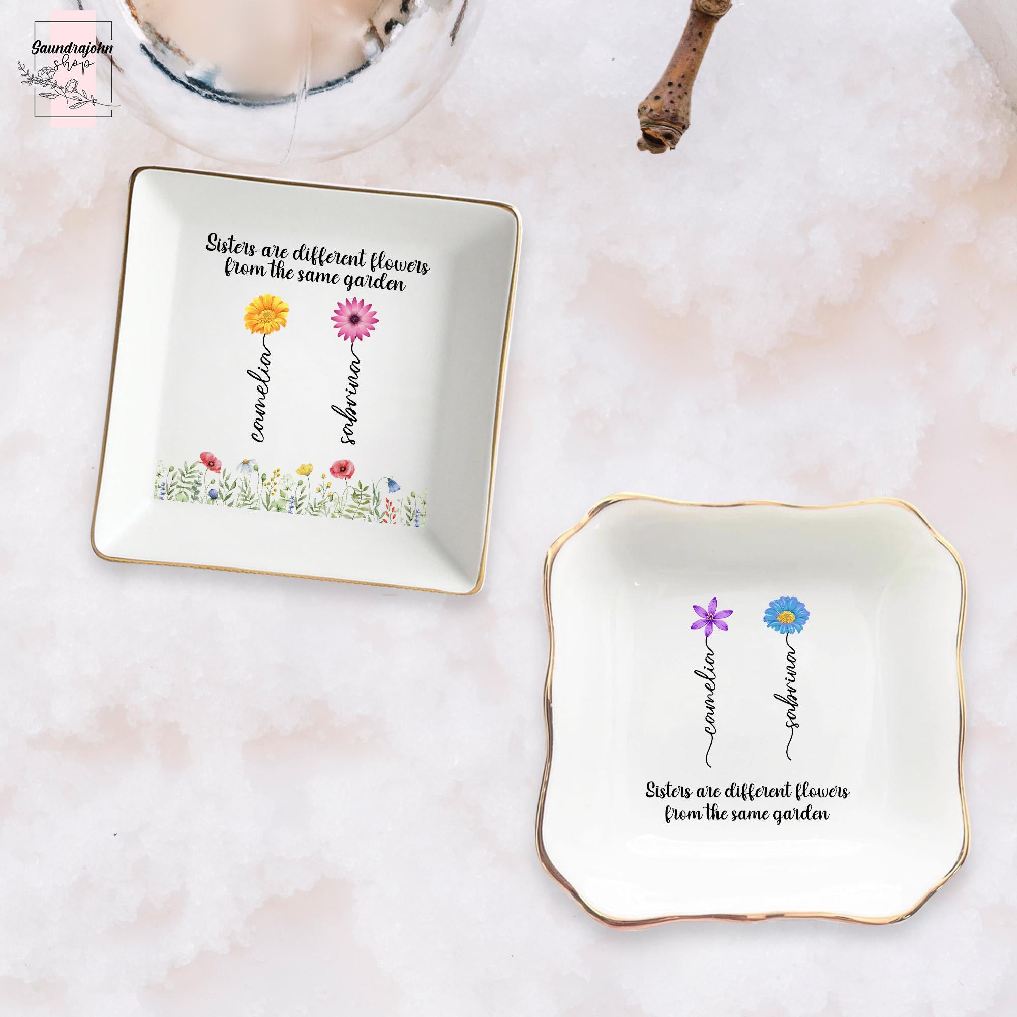 Personalized Sister Ring Dish with Birth Flower
