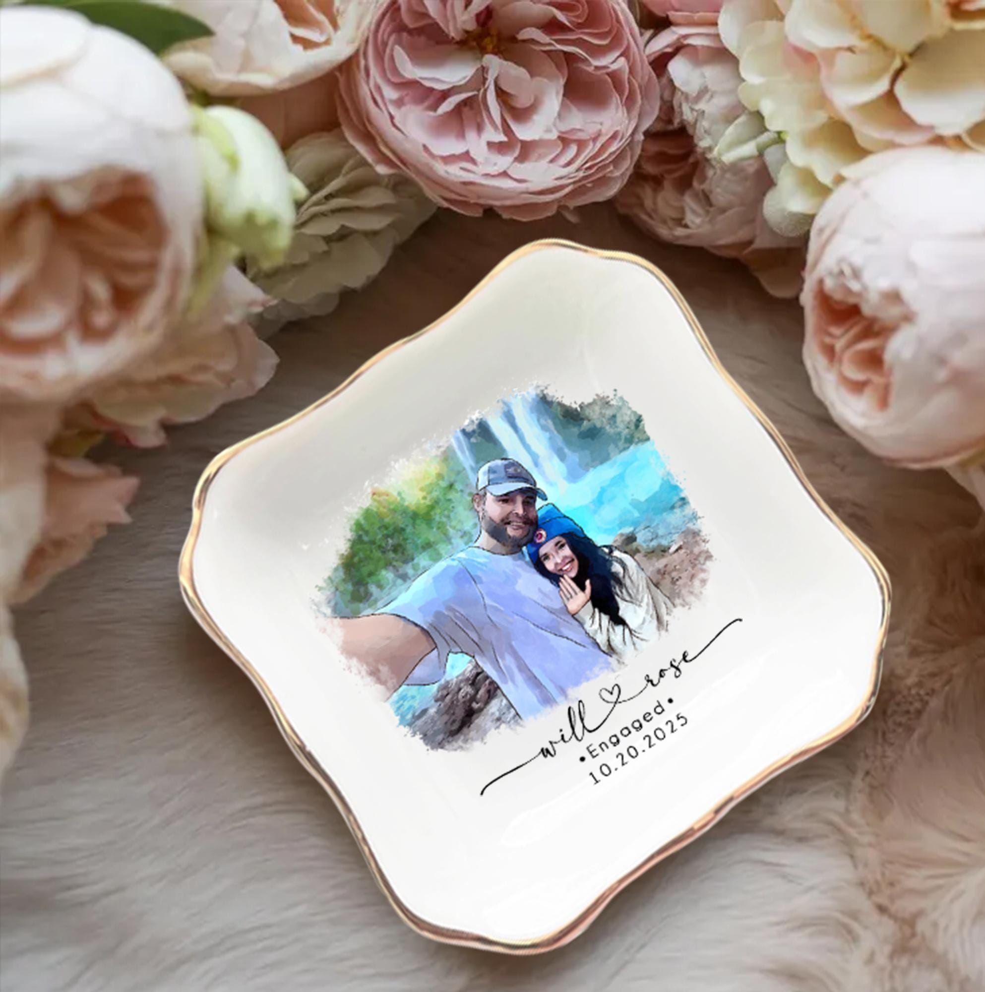 Personalized Couple Portrait Ring Dish, Engagement Gift, Wedding Gift for Couple, Handmade Custom Ring Holder, Custom Photo Jewelry Tray