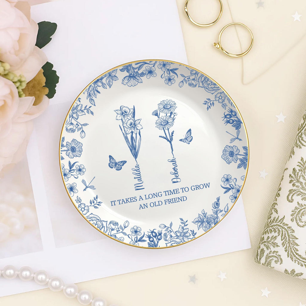 Toile De Jouy Birth Flower Grow An Old Friend, Personalized Ring Dish, BFF Gift, Custom Jewelry Dish for Besties, Soul Sister Gift for Her