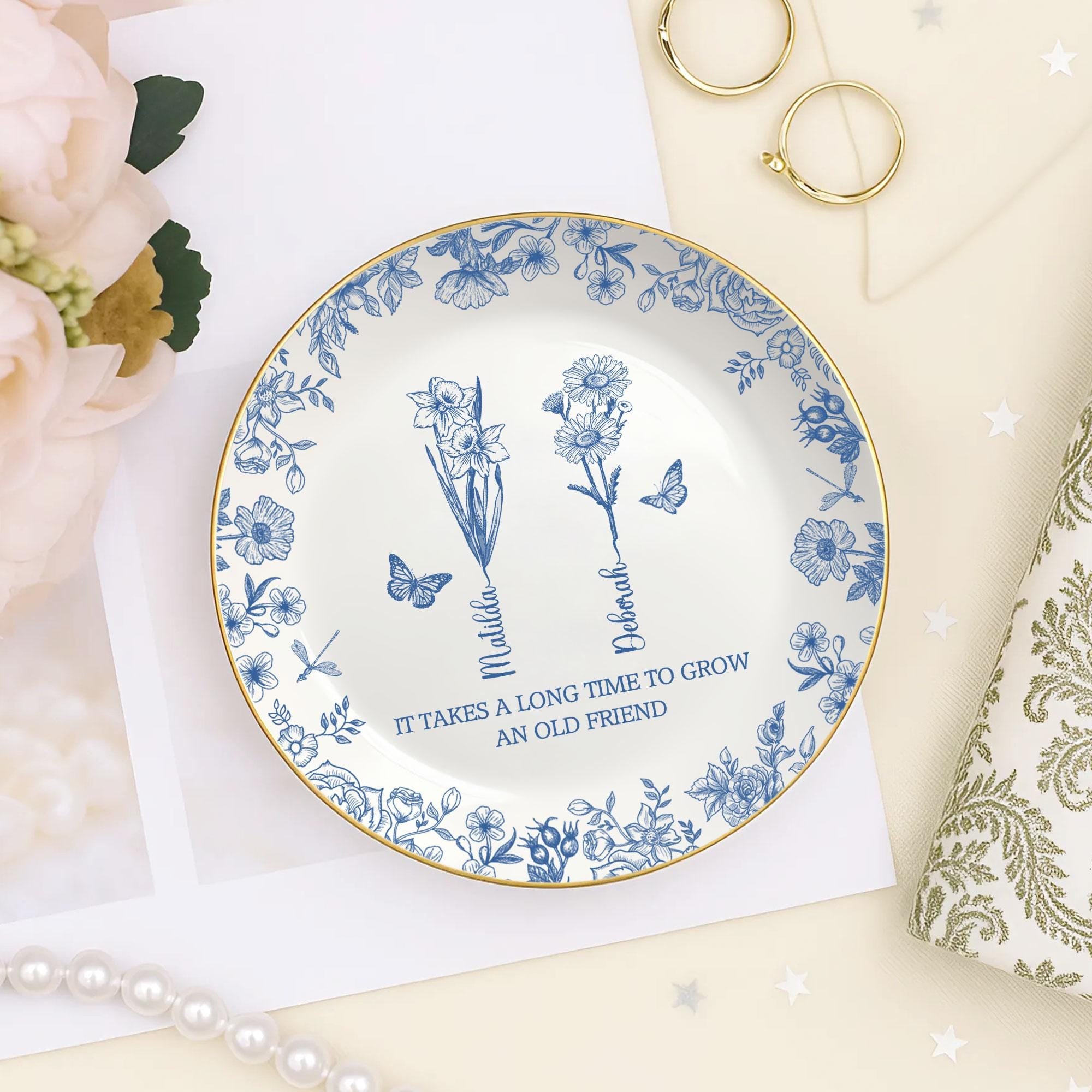Toile De Jouy Birth Flower Grow An Old Friend, Personalized Ring Dish, BFF Gift, Custom Jewelry Dish for Besties, Soul Sister Gift for Her