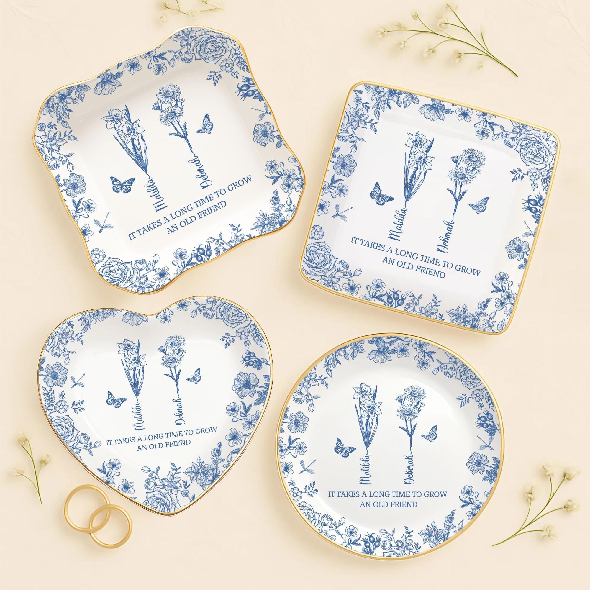Toile De Jouy Birth Flower Grow An Old Friend, Personalized Ring Dish, BFF Gift, Custom Jewelry Dish for Besties, Soul Sister Gift for Her