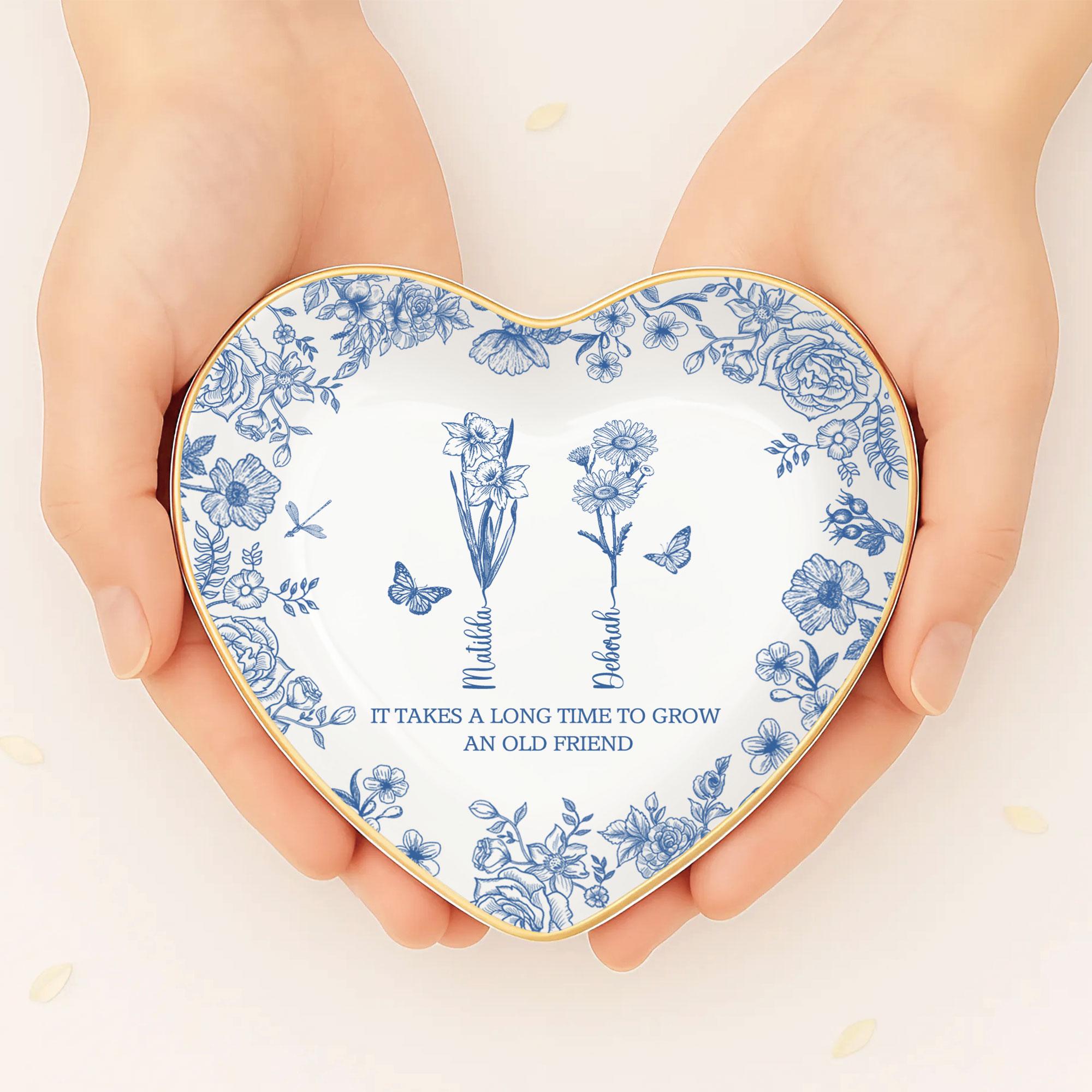 Toile De Jouy Birth Flower Grow An Old Friend, Personalized Ring Dish, BFF Gift, Custom Jewelry Dish for Besties, Soul Sister Gift for Her