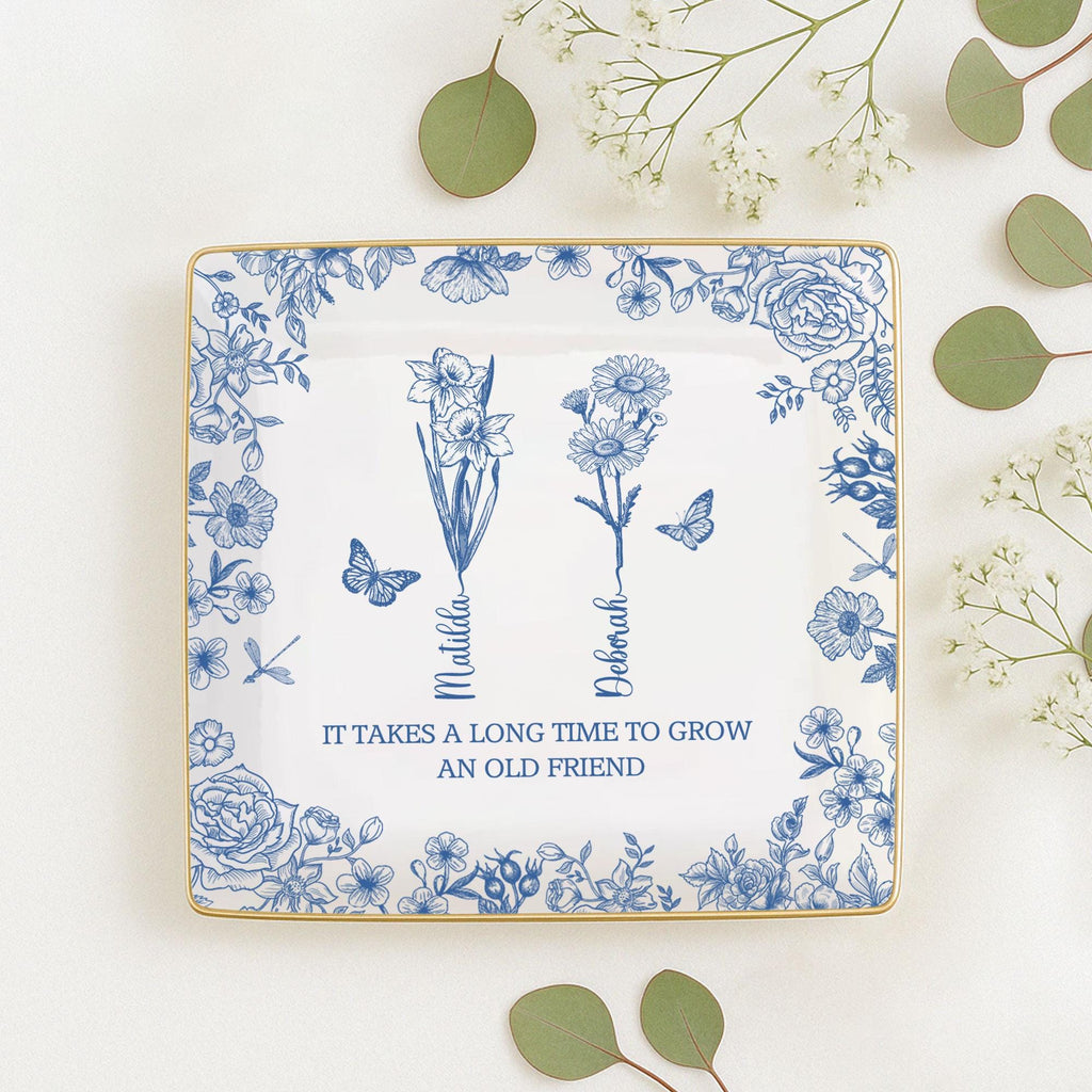 Toile De Jouy Birth Flower Grow An Old Friend, Personalized Ring Dish, BFF Gift, Custom Jewelry Dish for Besties, Soul Sister Gift for Her