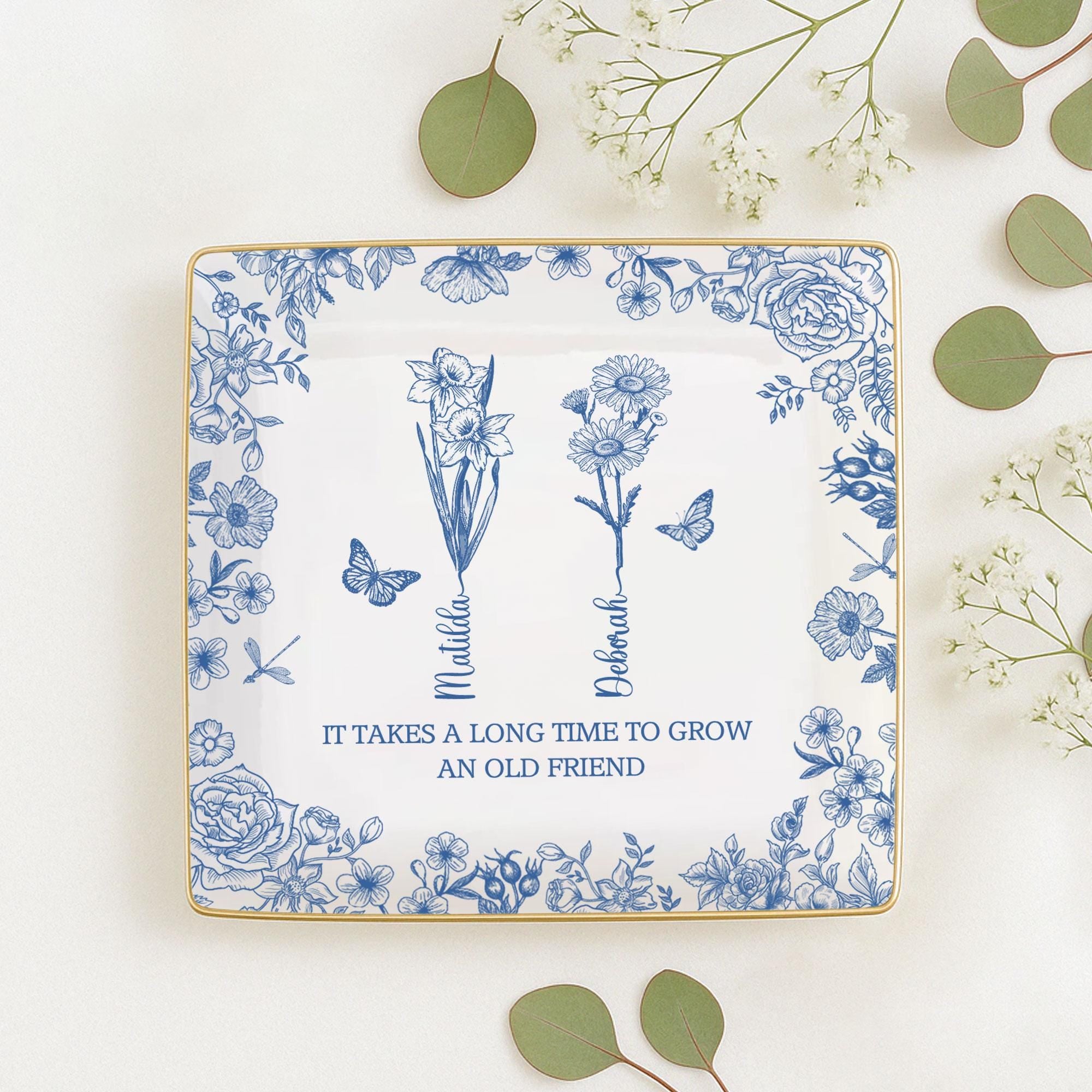 Toile De Jouy Birth Flower Grow An Old Friend, Personalized Ring Dish, BFF Gift, Custom Jewelry Dish for Besties, Soul Sister Gift for Her