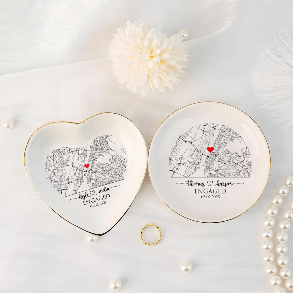Custom Map Engaged Trinket Dish, Location Engagement Gifts For Couple Jewelry Tray, Ring Dish, Newly Engaged Ring Holder Best Gift For Lover