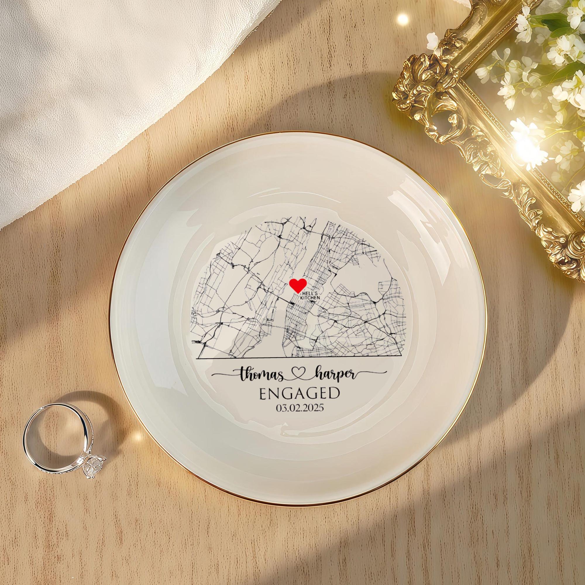 Custom Map Engaged Trinket Dish, Location Engagement Gifts For Couple Jewelry Tray, Ring Dish, Newly Engaged Ring Holder Best Gift For Lover