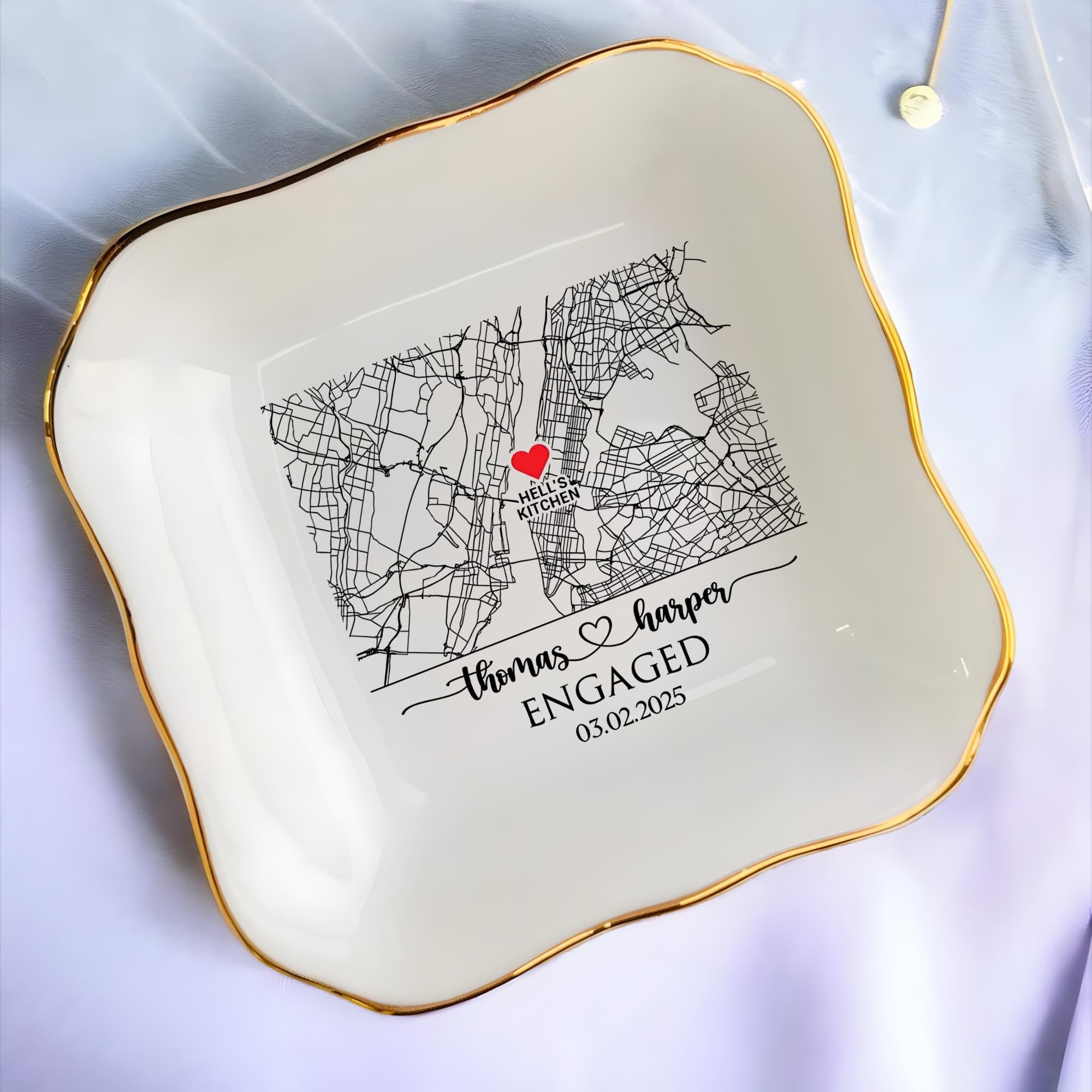 Custom Map Engaged Trinket Dish, Location Engagement Gifts For Couple Jewelry Tray, Ring Dish, Newly Engaged Ring Holder Best Gift For Lover