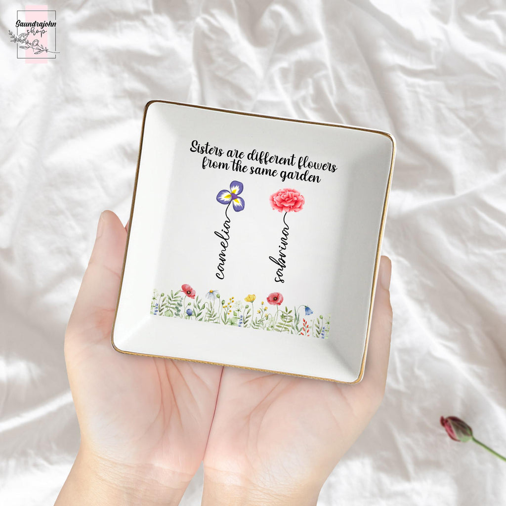 Personalized Sister Ring Dish with Birth Flower