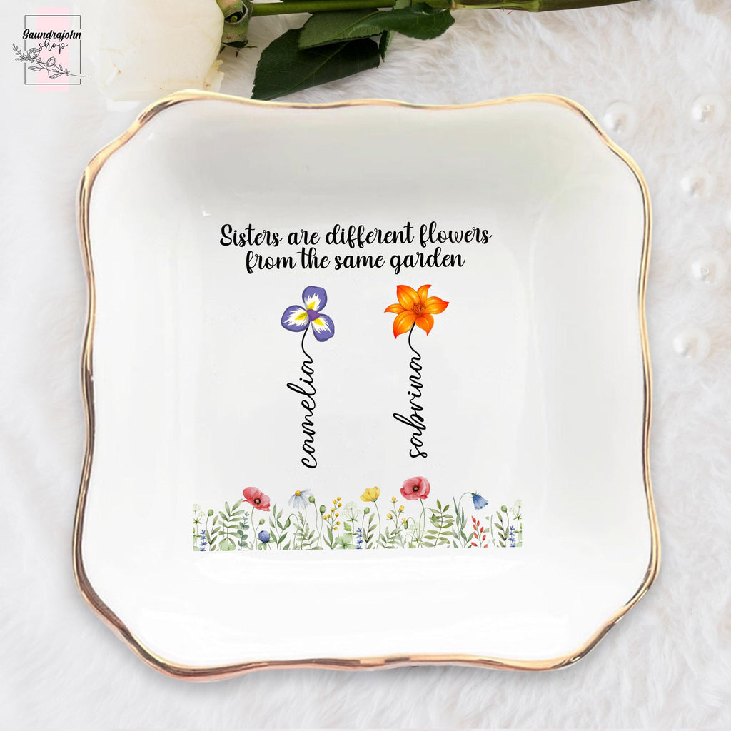 Personalized Sister Ring Dish with Birth Flower