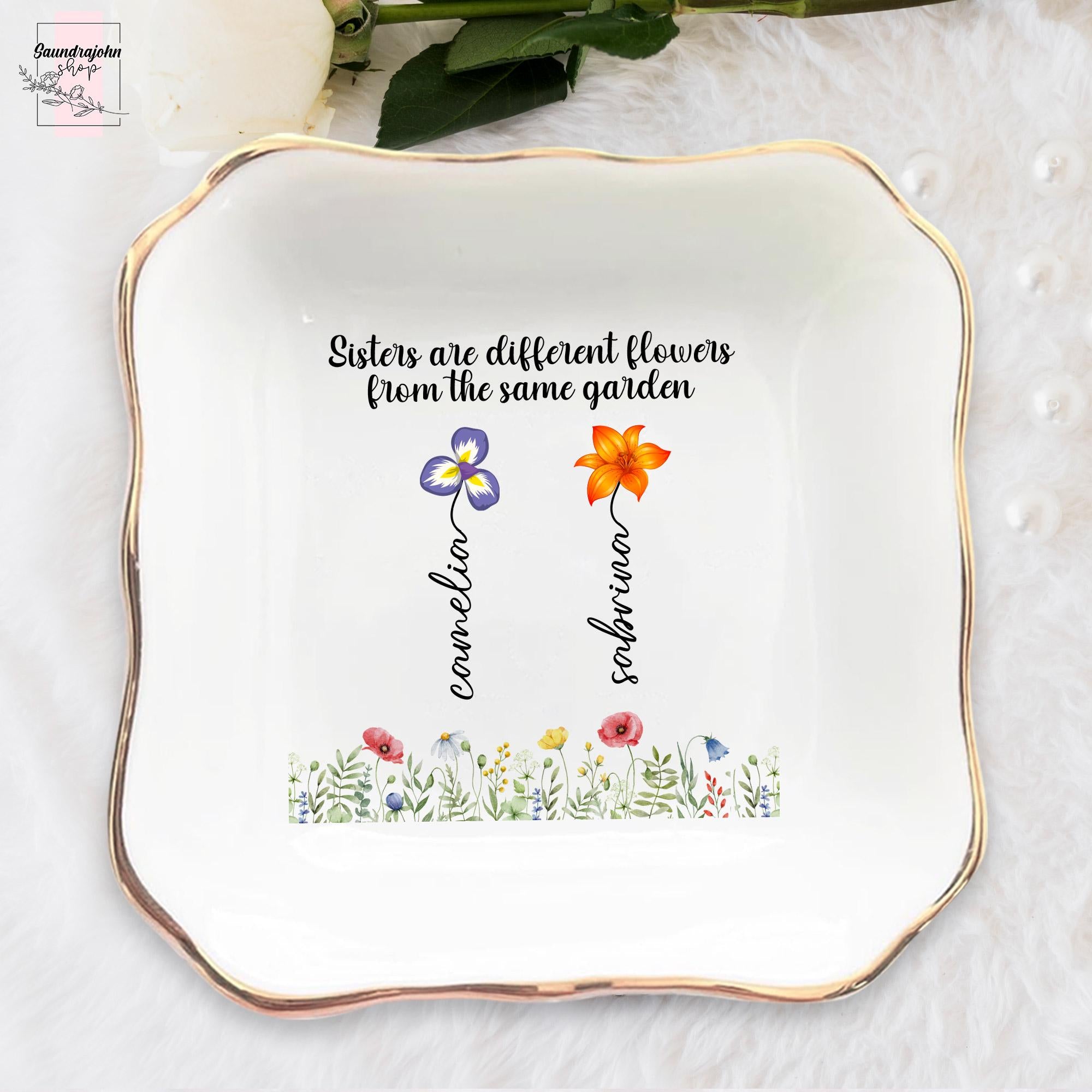 Personalized Sister Ring Dish with Birth Flower