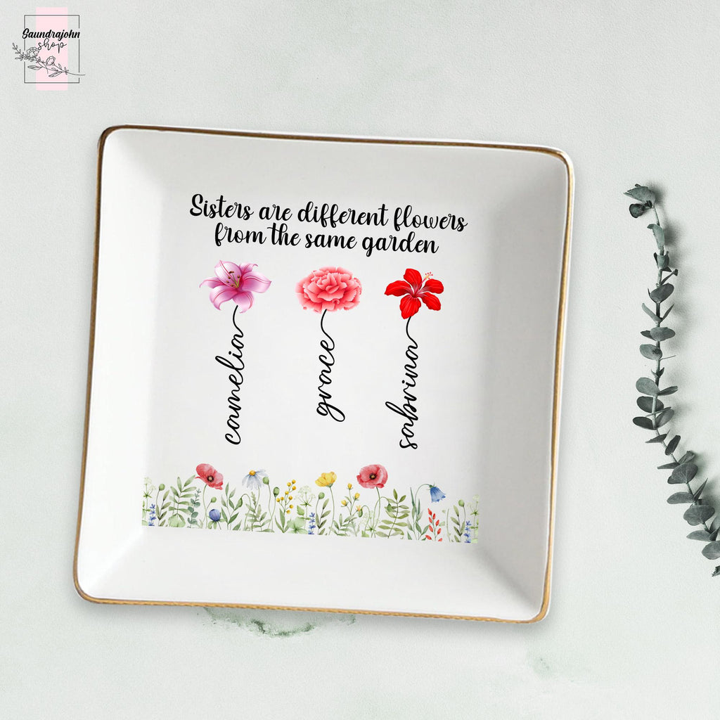 Personalized Sister Ring Dish with Birth Flower