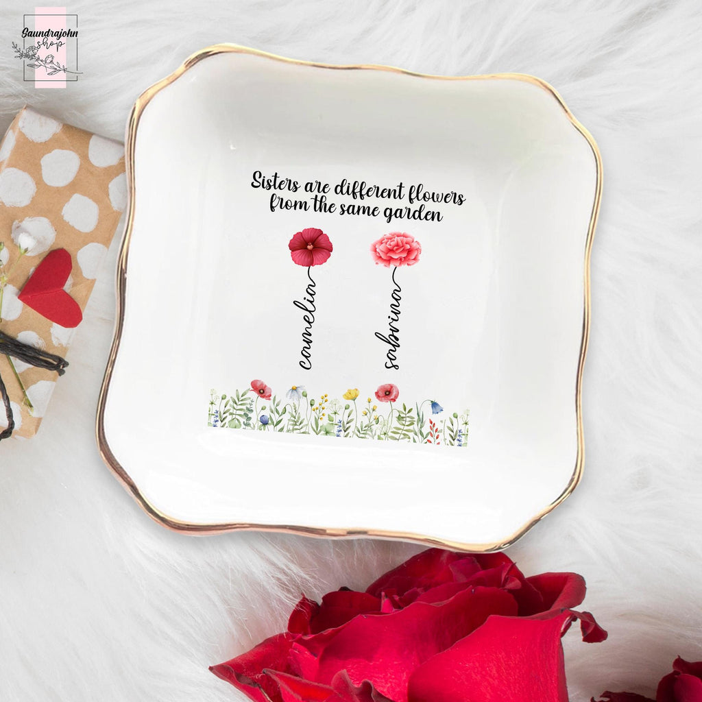 Personalized Sister Ring Dish with Birth Flower