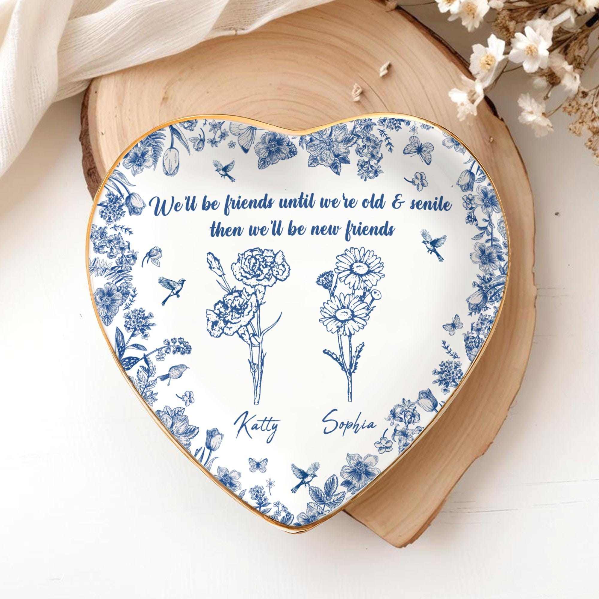 Friendship Ring Dish, Toile De Jouy Birth Flower Gift for,Custom Birth Flower Jewelry Dish, Best Friend Gift,Custom Jewelry Dish for Besties