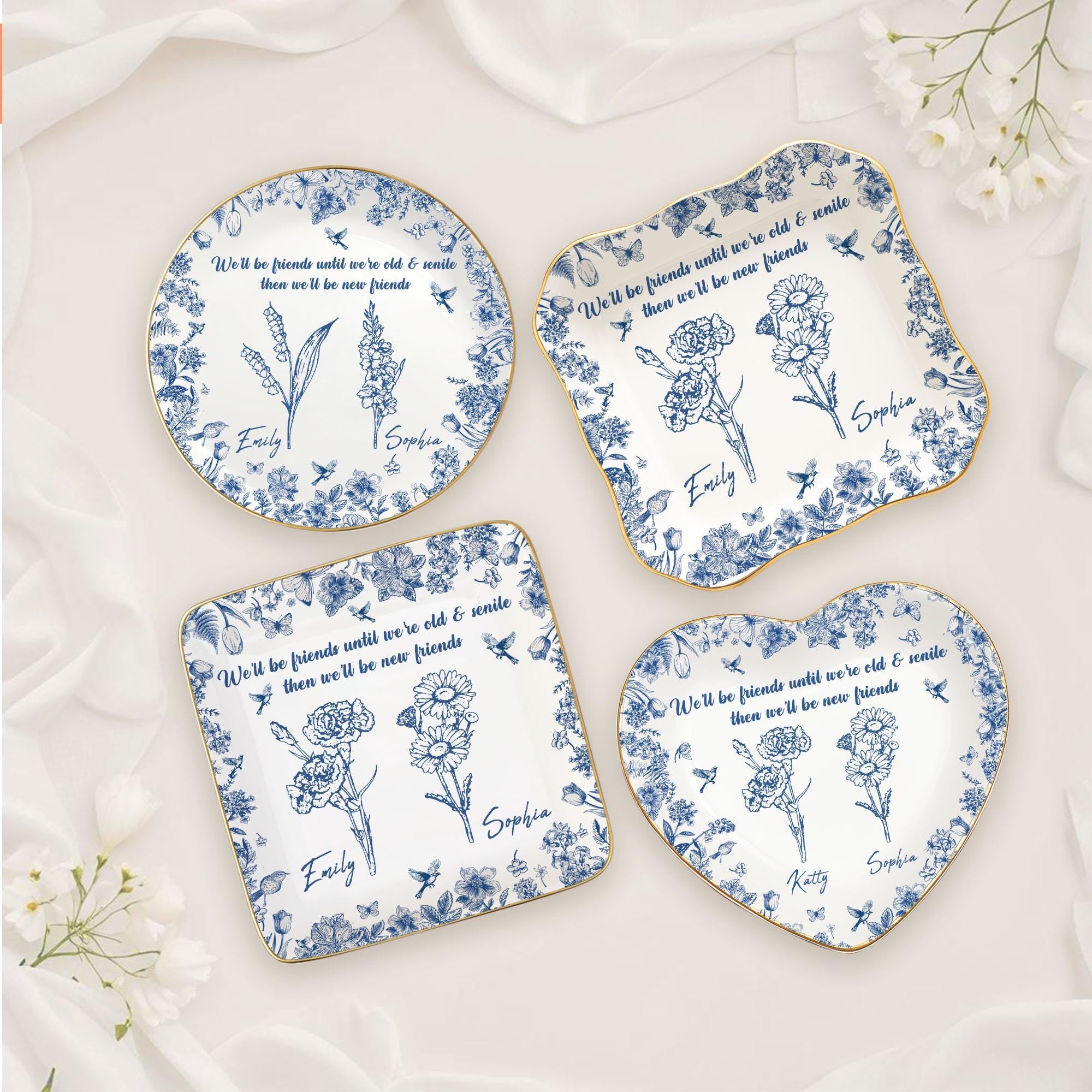 Friendship Ring Dish, Toile De Jouy Birth Flower Gift for,Custom Birth Flower Jewelry Dish, Best Friend Gift,Custom Jewelry Dish for Besties