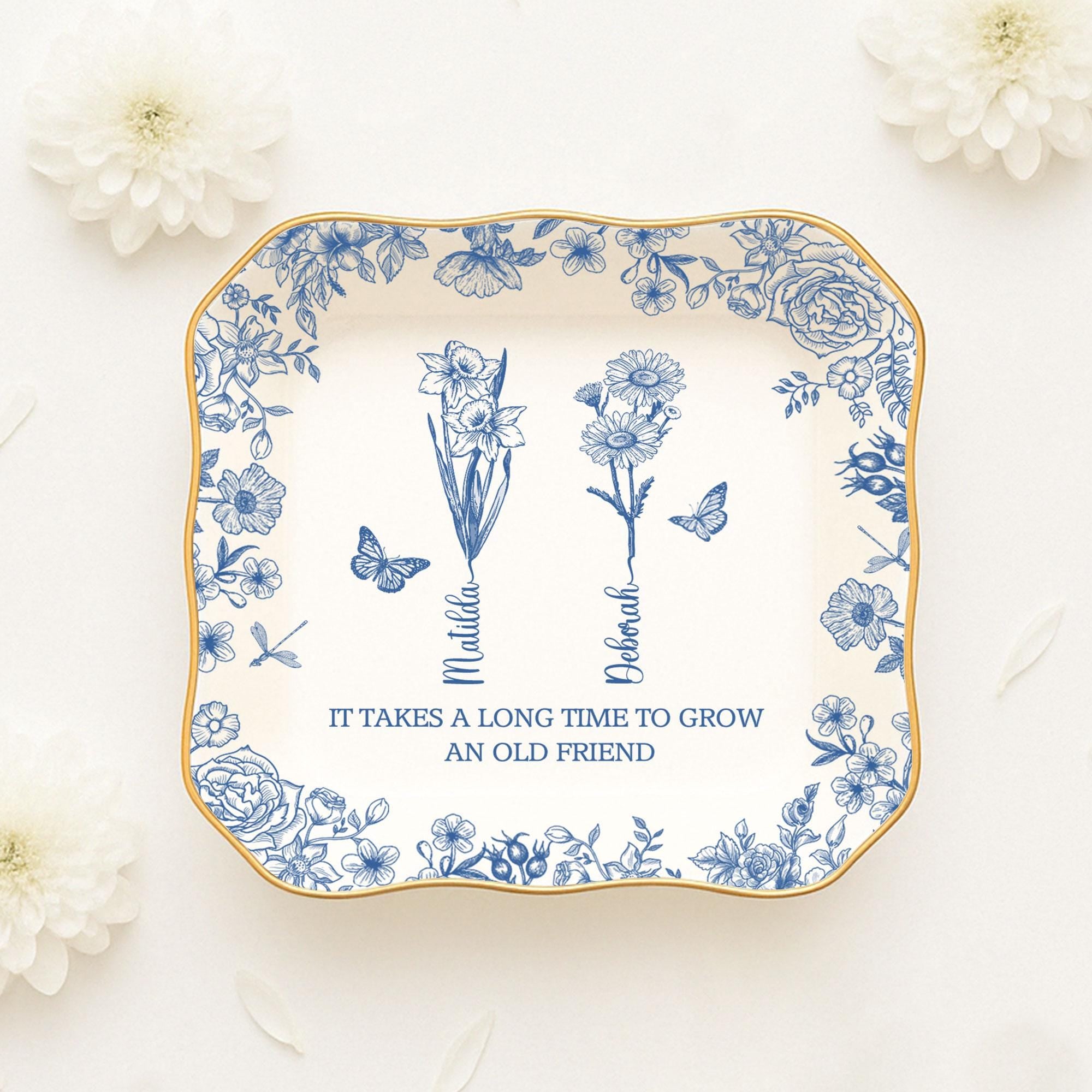Toile De Jouy Birth Flower Grow An Old Friend, Personalized Ring Dish, BFF Gift, Custom Jewelry Dish for Besties, Soul Sister Gift for Her