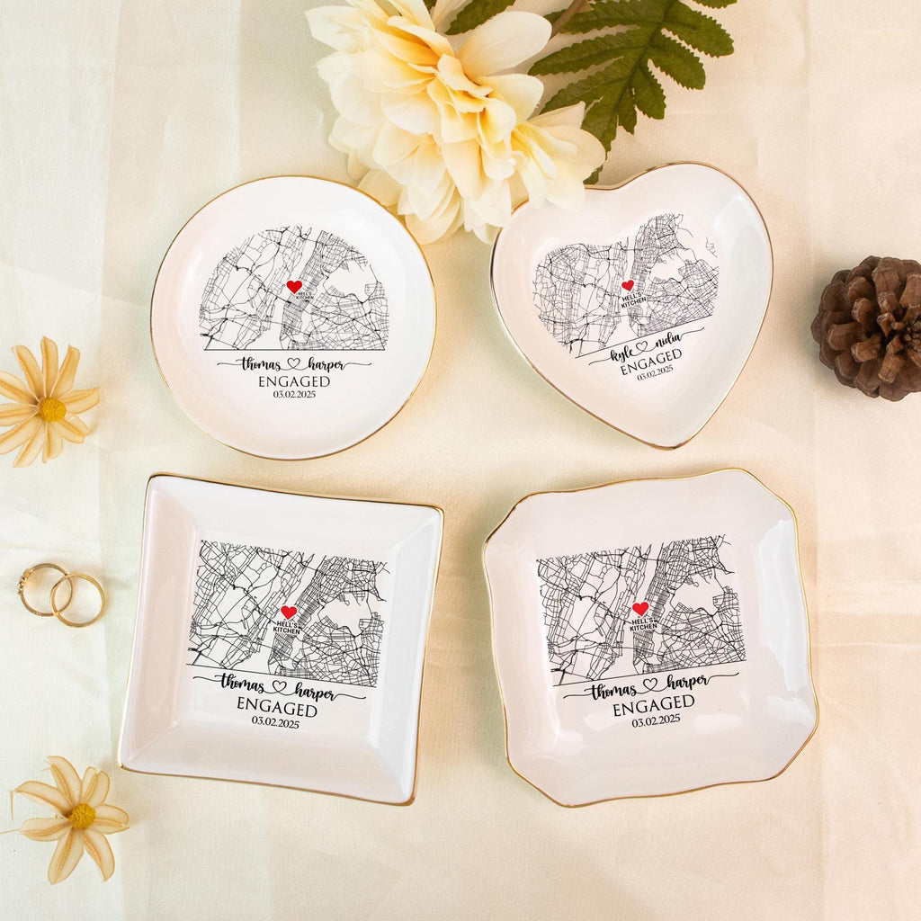 Custom Map Engaged Trinket Dish, Location Engagement Gifts For Couple Jewelry Tray, Ring Dish, Newly Engaged Ring Holder Best Gift For Lover