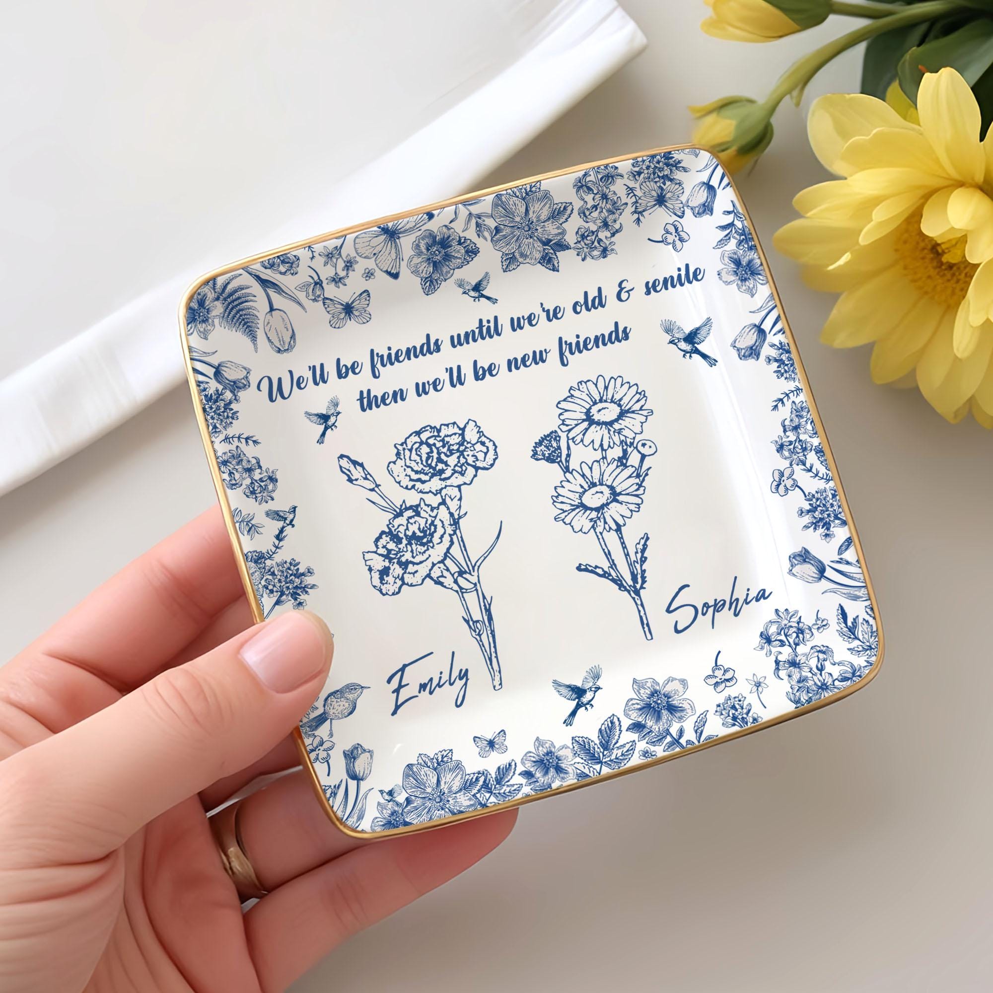 Friendship Ring Dish, Toile De Jouy Birth Flower Gift for,Custom Birth Flower Jewelry Dish, Best Friend Gift,Custom Jewelry Dish for Besties