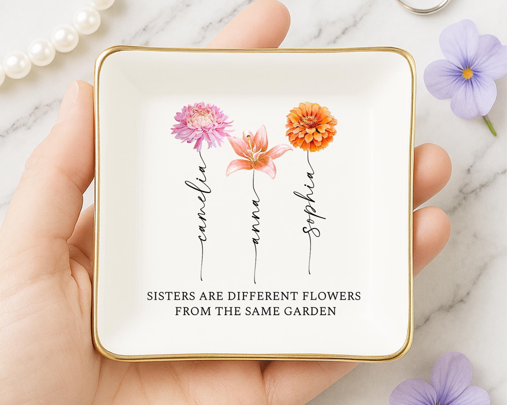 Personalized Sister Birth Flower Jewelry Dish